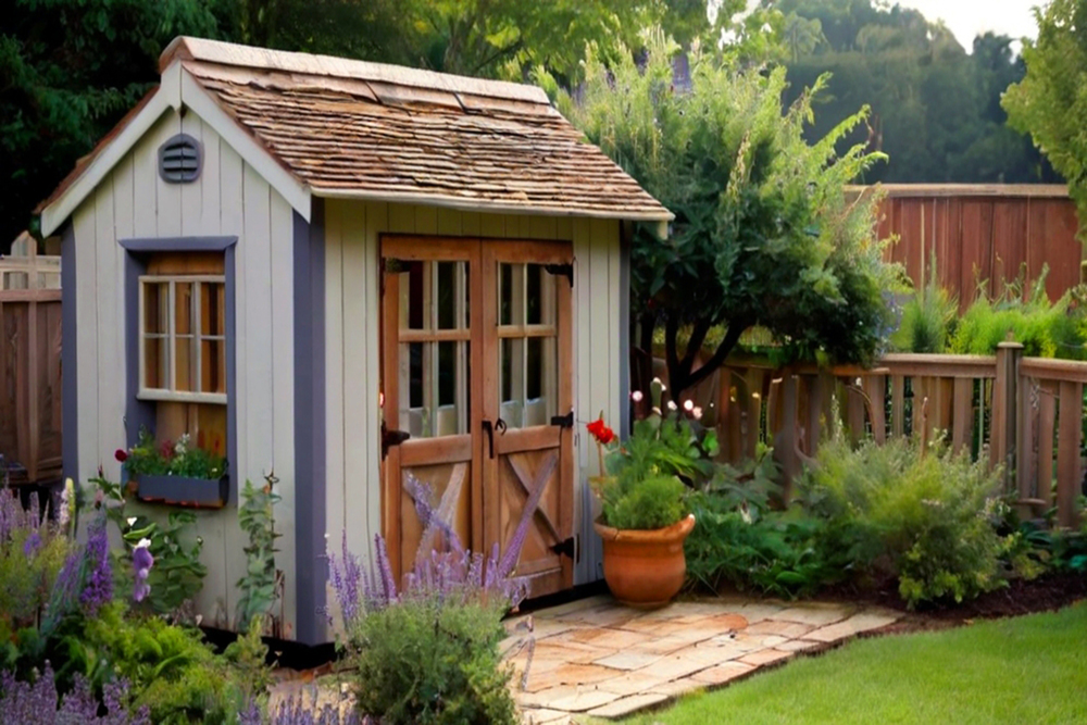 Encantadora caseta de jardín de estilo rústico rodeada de flores y plantas. Perfecta para organizar herramientas, relajarse o crear un pequeño refugio en la naturaleza, esta estructura añade funcionalidad y un toque campestre al espacio exterior.